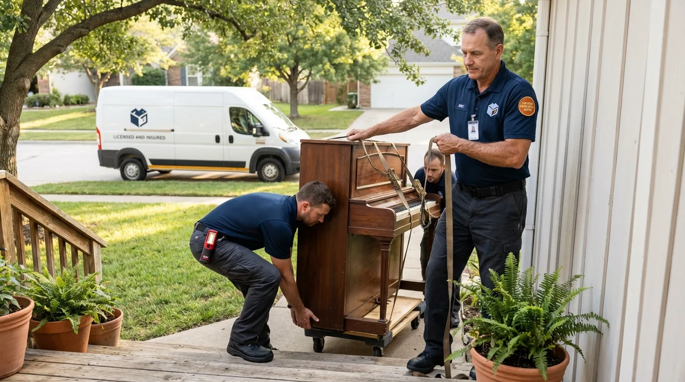 Licensed piano movers securing grand piano in Rockingham, NC