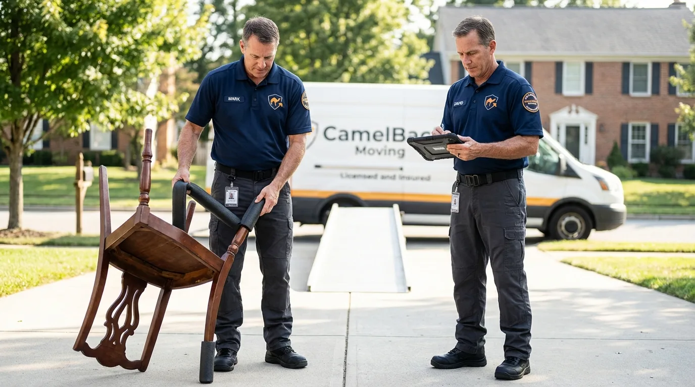 Movers inspecting furniture for damage prevention before loading in Rockingham, NC