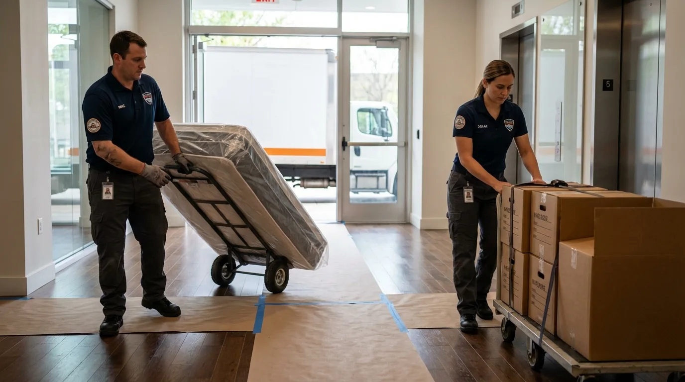 Professional apartment movers loading elevator in Rockingham, NC
