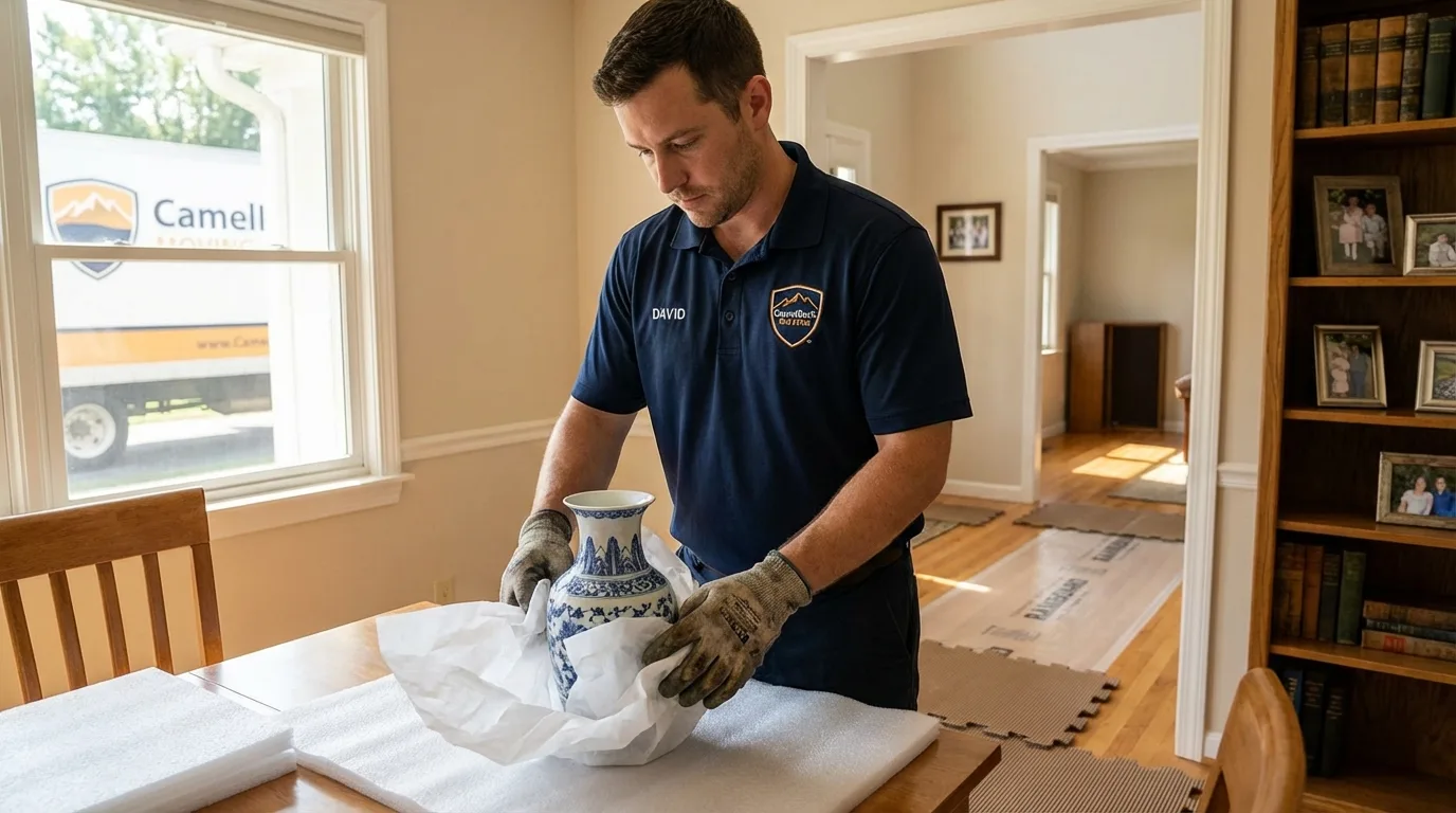 Professional crew carefully wrapping antique vase for senior downsizing move in Rockingham, NC
